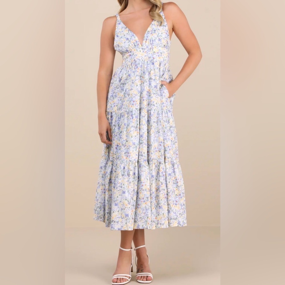 Lulus Brightly Blossoming Light Blue Floral Tiered Midi Dress